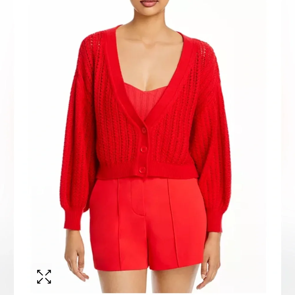 Alice + Olivia Windsor Deep V Slouchy Cable Knit Cardigan in Bright Poppy (red) - Picture 6 of 15